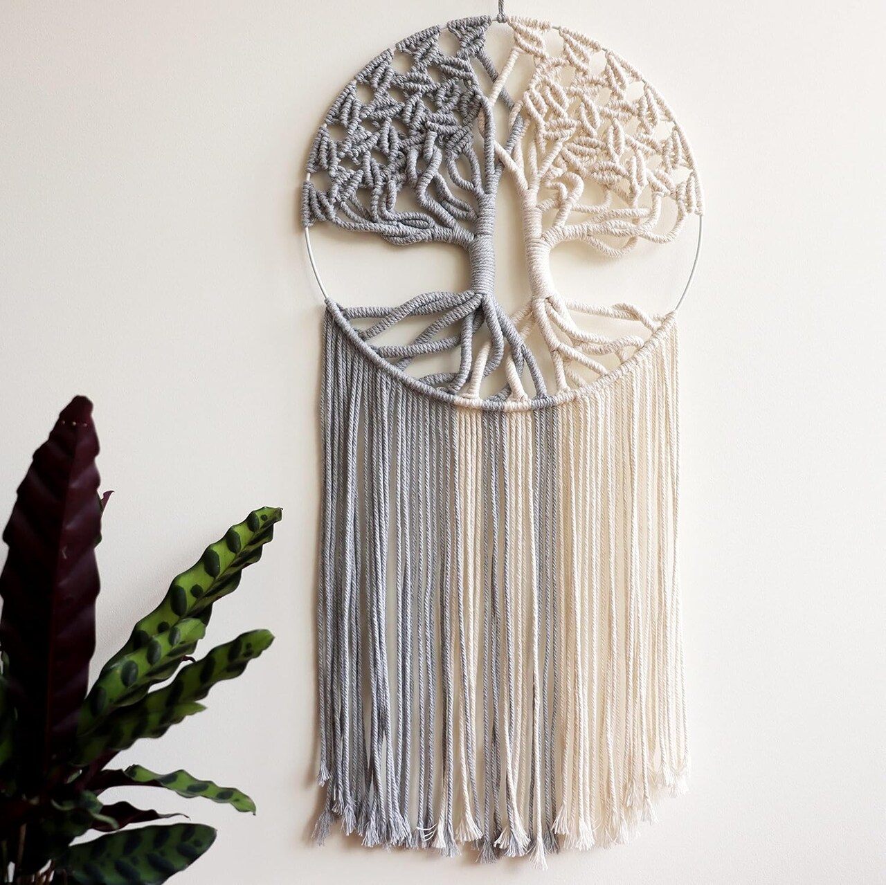 Tree of Life Macrame Wall Hanging,Chic Handmade Woven Boho Home Décor,Eclectic Wall Decor for Bedroom Nursery Apartment Dorm Decoration,Gift for Teen Girl Mom(13" W X 31.5" L) (Grey&White)